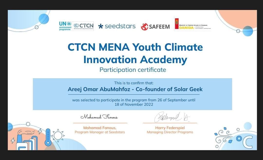 Co-Founder, Solar Geek, CTCN MENA Youth Climate Innovation Academy